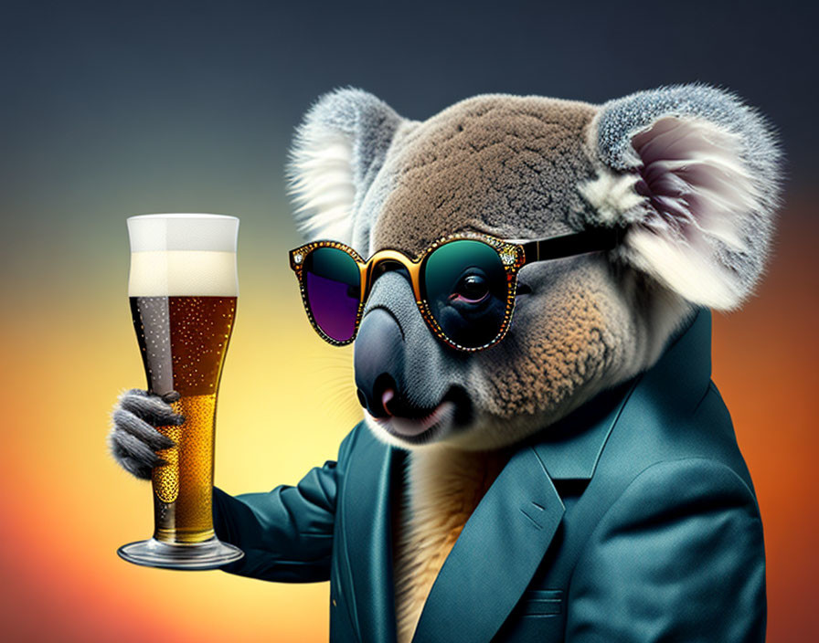 Stylish Koala in Suit with Beer Glass on Gradient Background