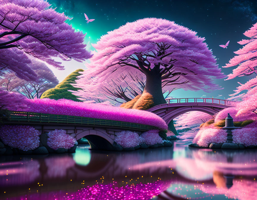 Fantasy landscape with pink cherry blossom trees, river, bridge, and glowing petals