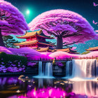 Fantasy landscape with pink cherry blossom trees, river, bridge, and glowing petals