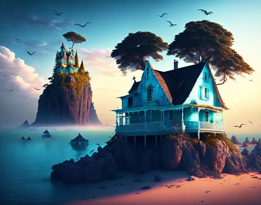 Victorian house and castle on rocky seascape under twilight sky