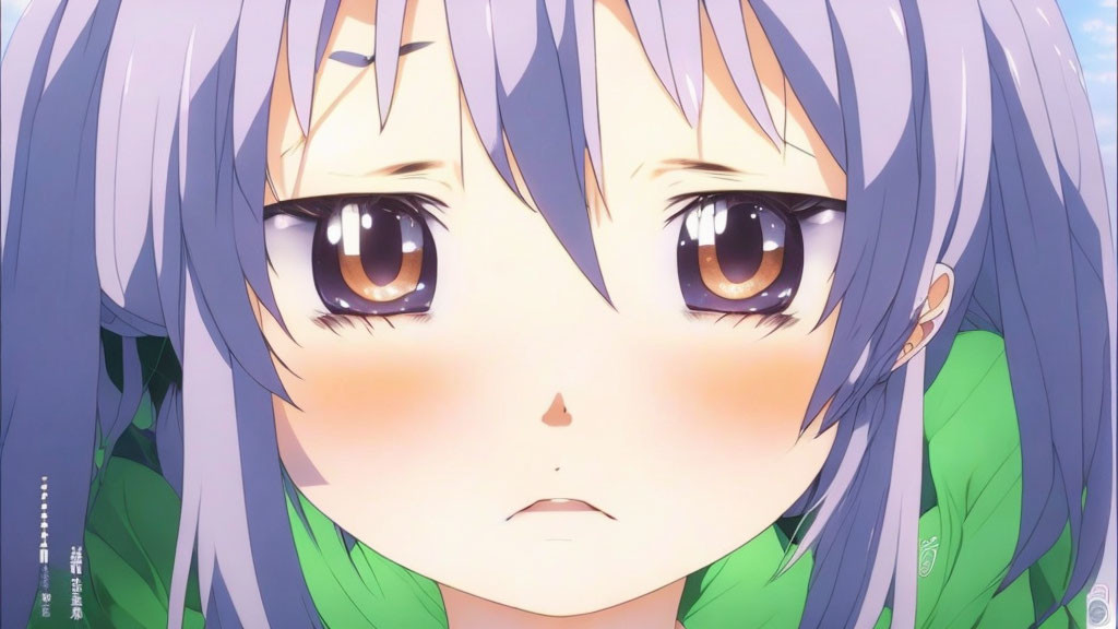 Anime girl with purple hair and amber eyes in puzzled expression