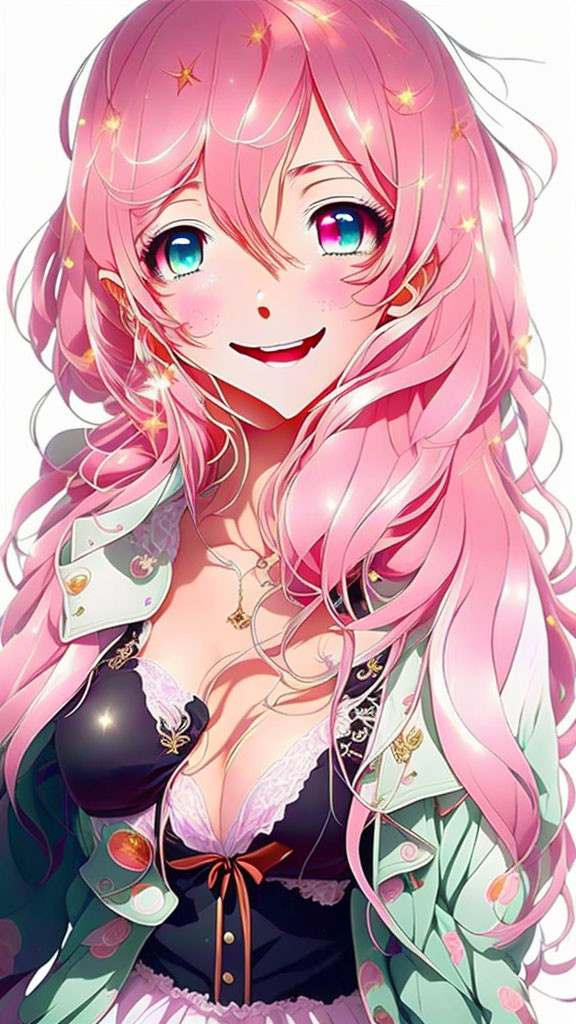 Anime girl with pink hair, stars, blue eyes, black and white outfit