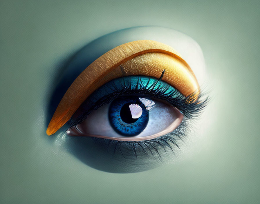 Detailed stylized human eye with orange lid and blue iris on green background