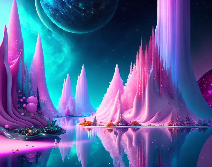 Fantasy landscape with purple and pink hues, crystal formations, water surface, and celestial body.