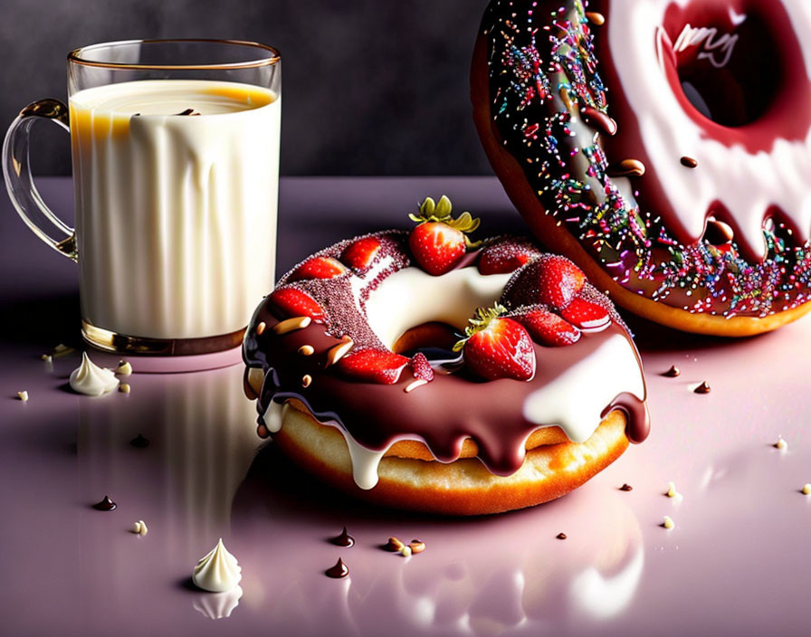 Milk glass with two decorated doughnuts and toppings