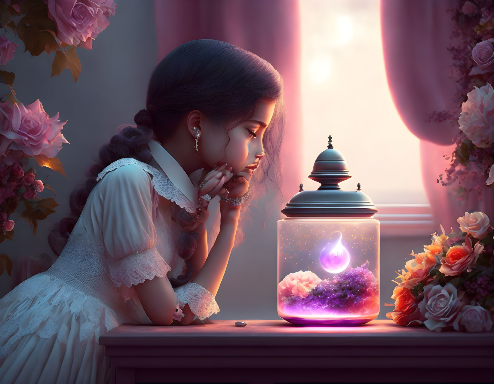 Girl admires glowing orb in jar among flowers with magical light.