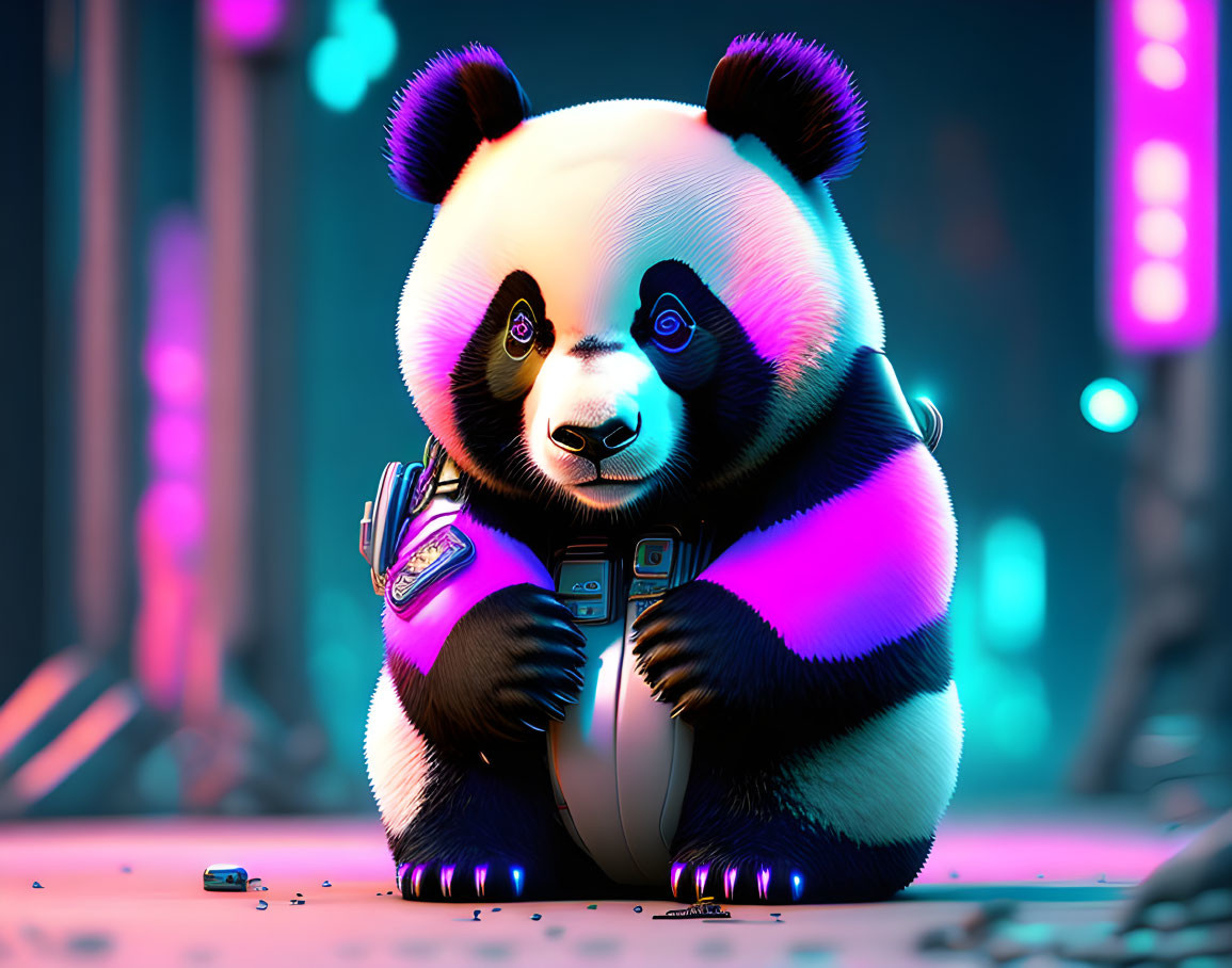 Colorful Stylized Panda with Neon Lights and Futuristic Device
