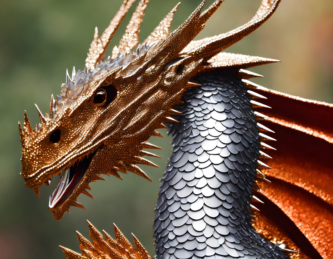 Detailed Metallic Dragon Sculpture with Red Fiery Wing