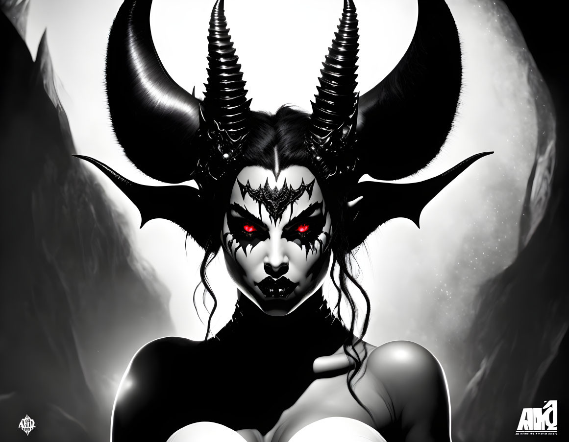 Sinister figure with curved horns and red eyes in dark makeup on smoky background