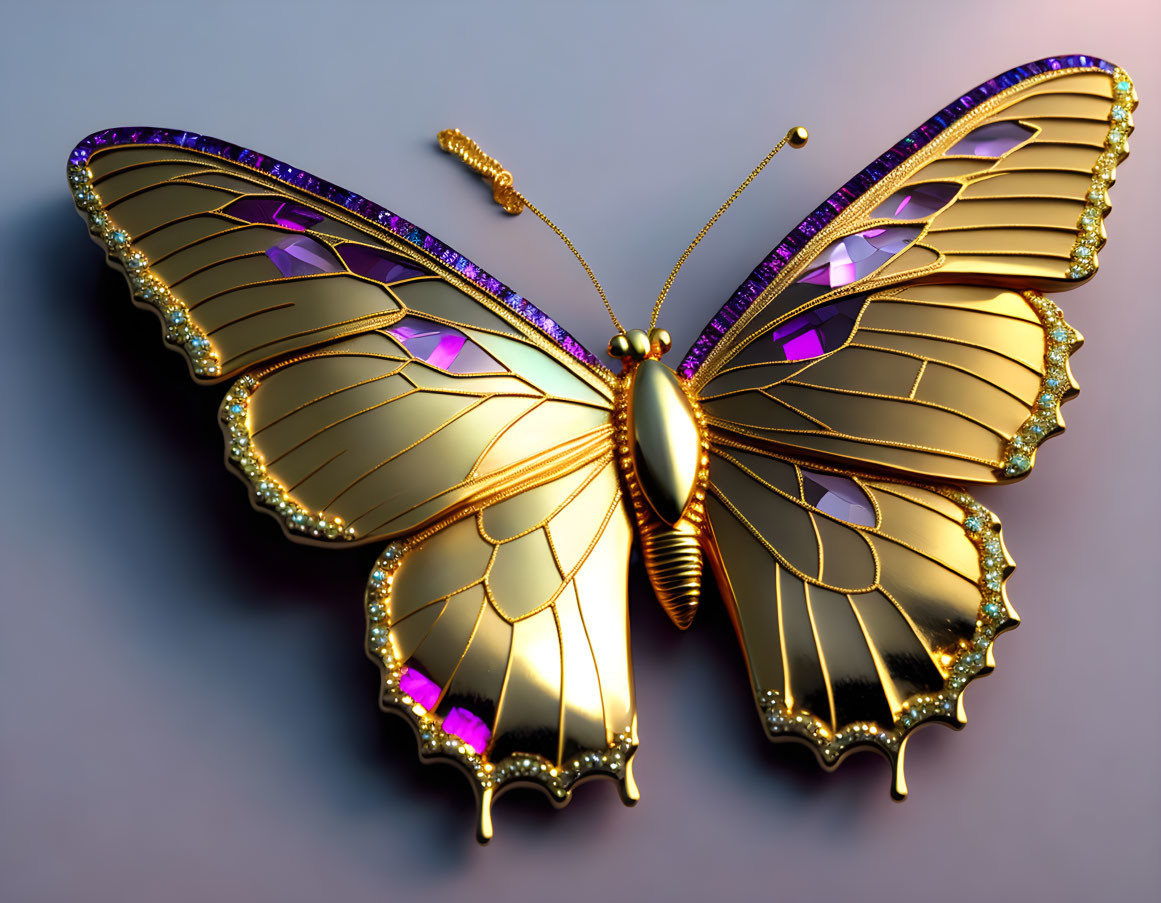 Golden Butterfly with Purple Accents on Grey Background