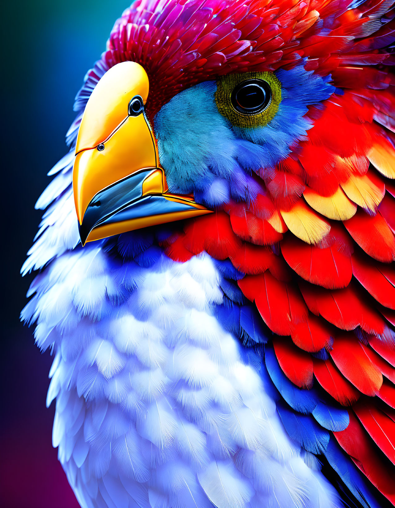 Colorful Parrot with Red, Blue, White Feathers & Yellow Beak