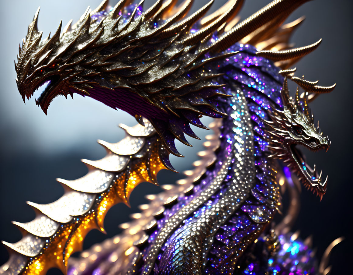 Shimmering purple and gold fantasy dragon on blurred backdrop