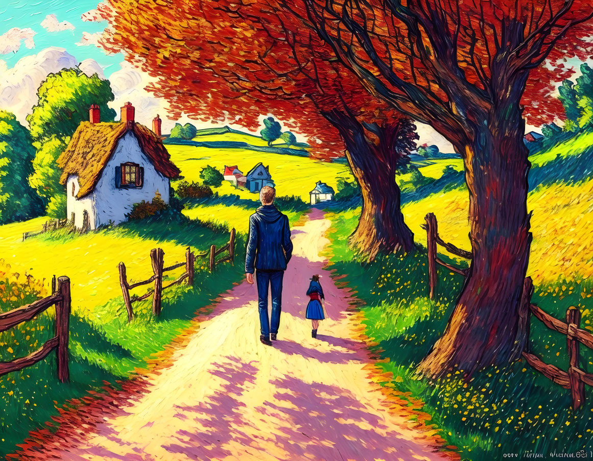 Person and child walking in sunlit countryside with cottage and hills