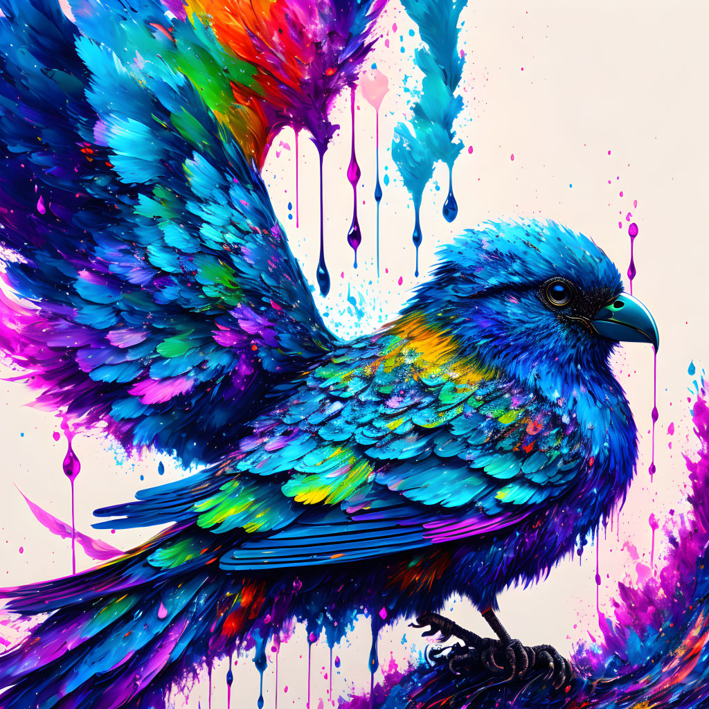 Colorful bird art with dripping feathers on vibrant background