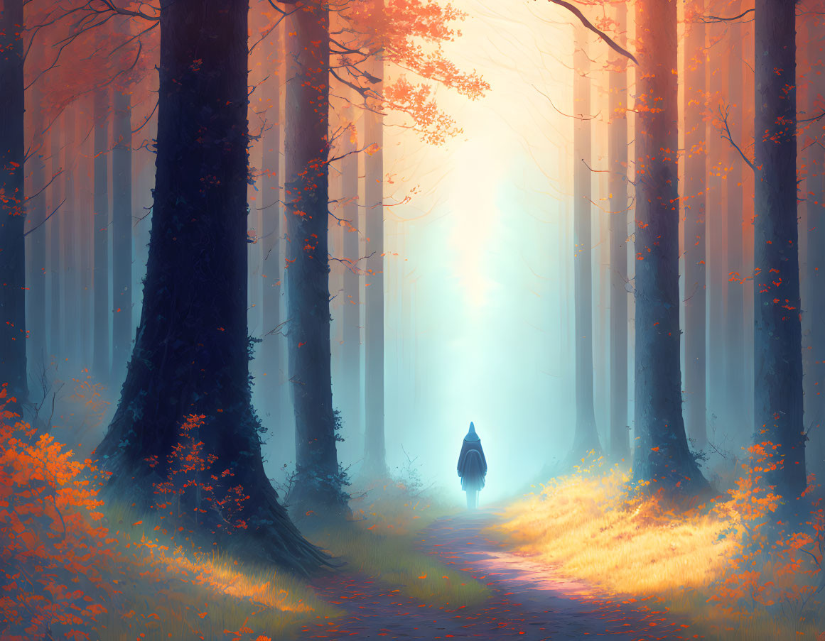 Solitary figure walking in enchanting forest with autumn foliage and sunbeams