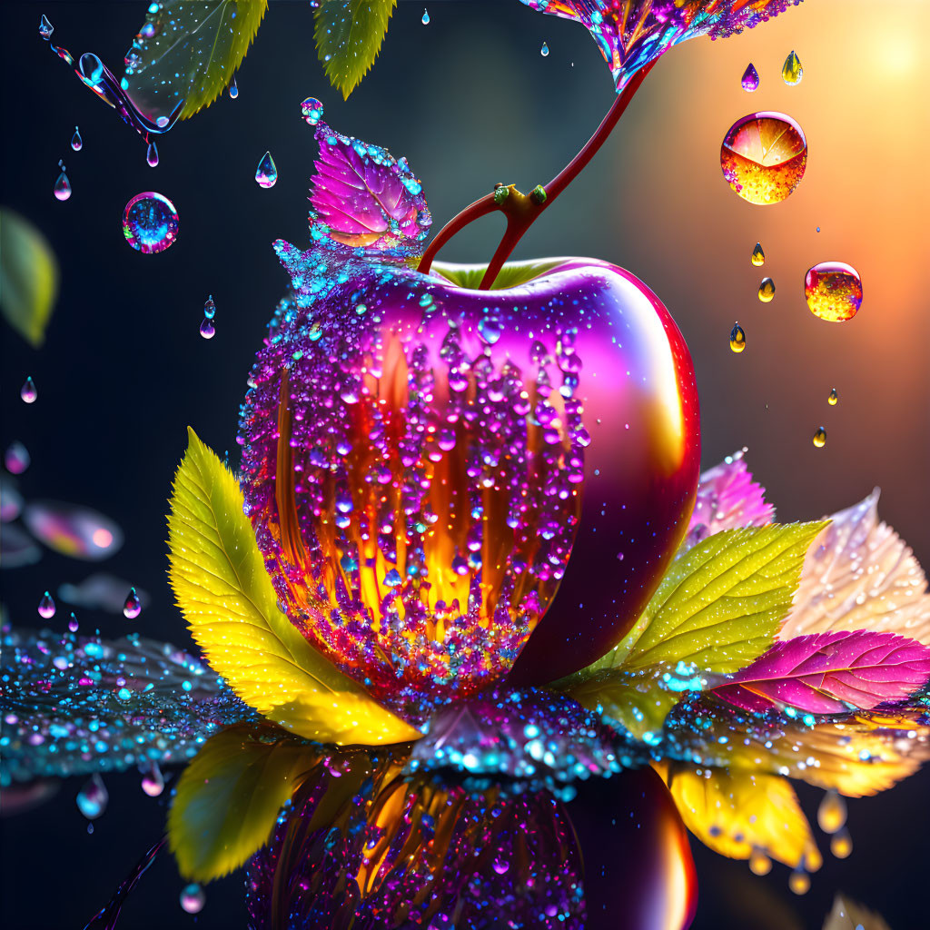 Colorful Apple with Water Droplets and Sunlit Leaves