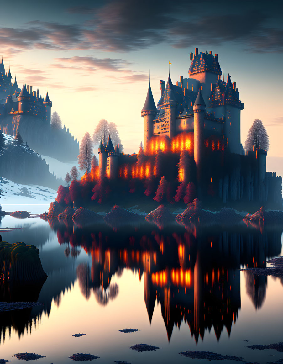 Fantasy landscape with illuminated castles, lake reflection, twilight mountains.