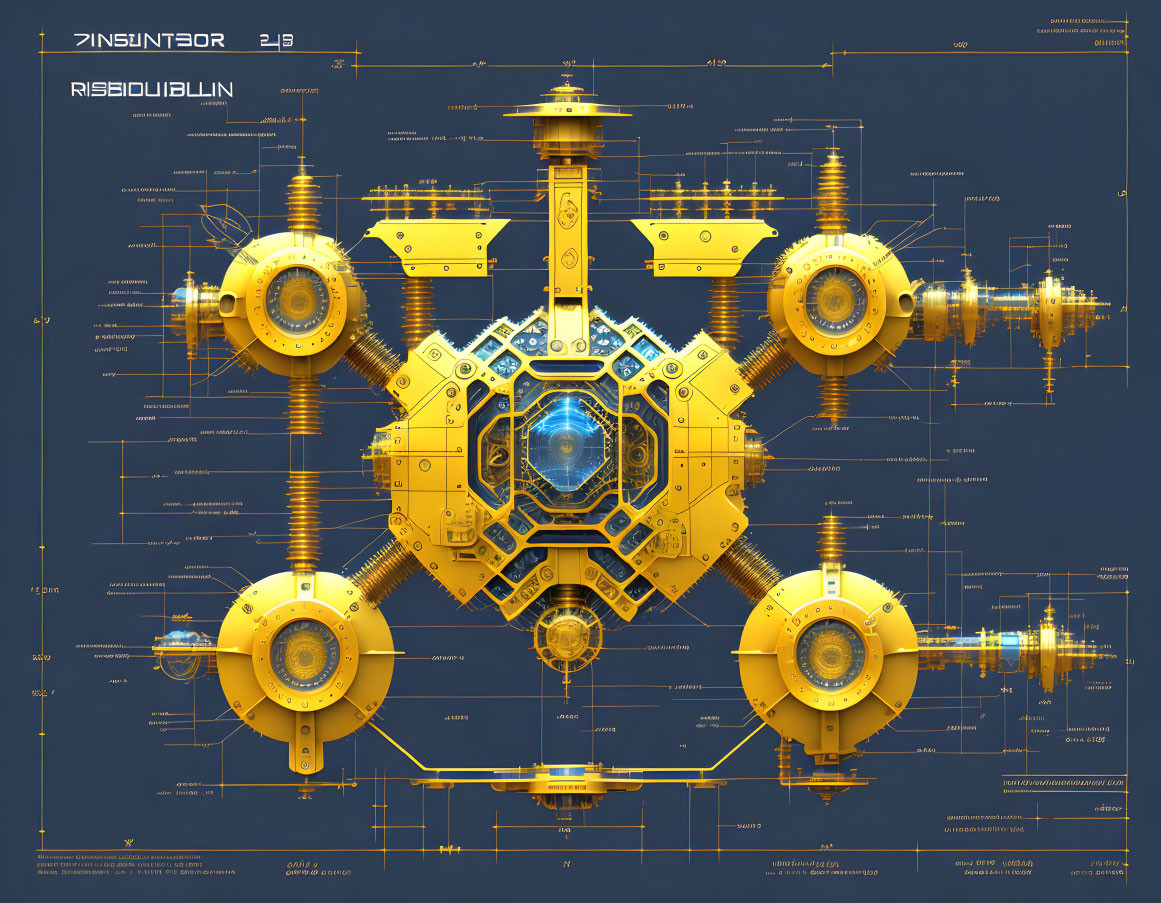 Detailed blueprint of futuristic machine with central core and symmetrical arms.