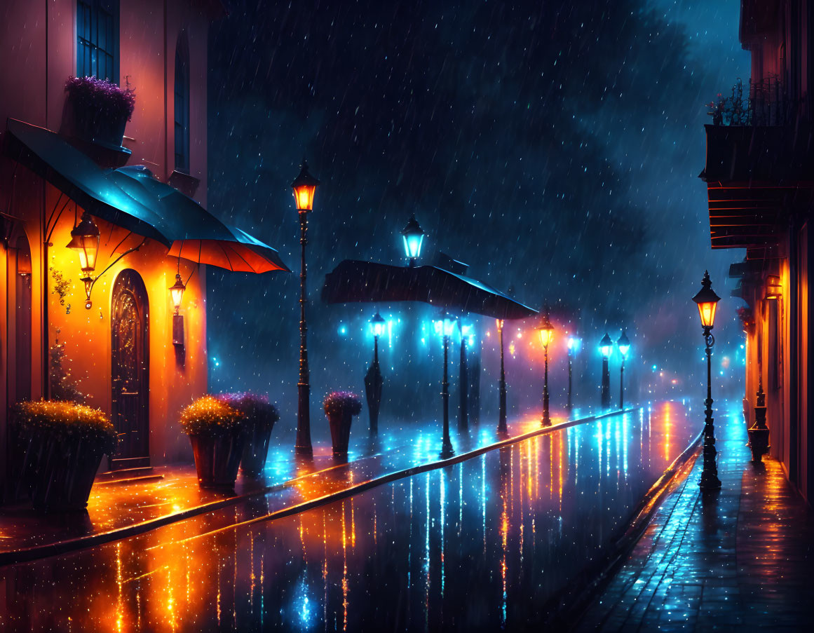 City street scene: Rainy evening, glowing street lamps, wet cobblestone, person with umbrella