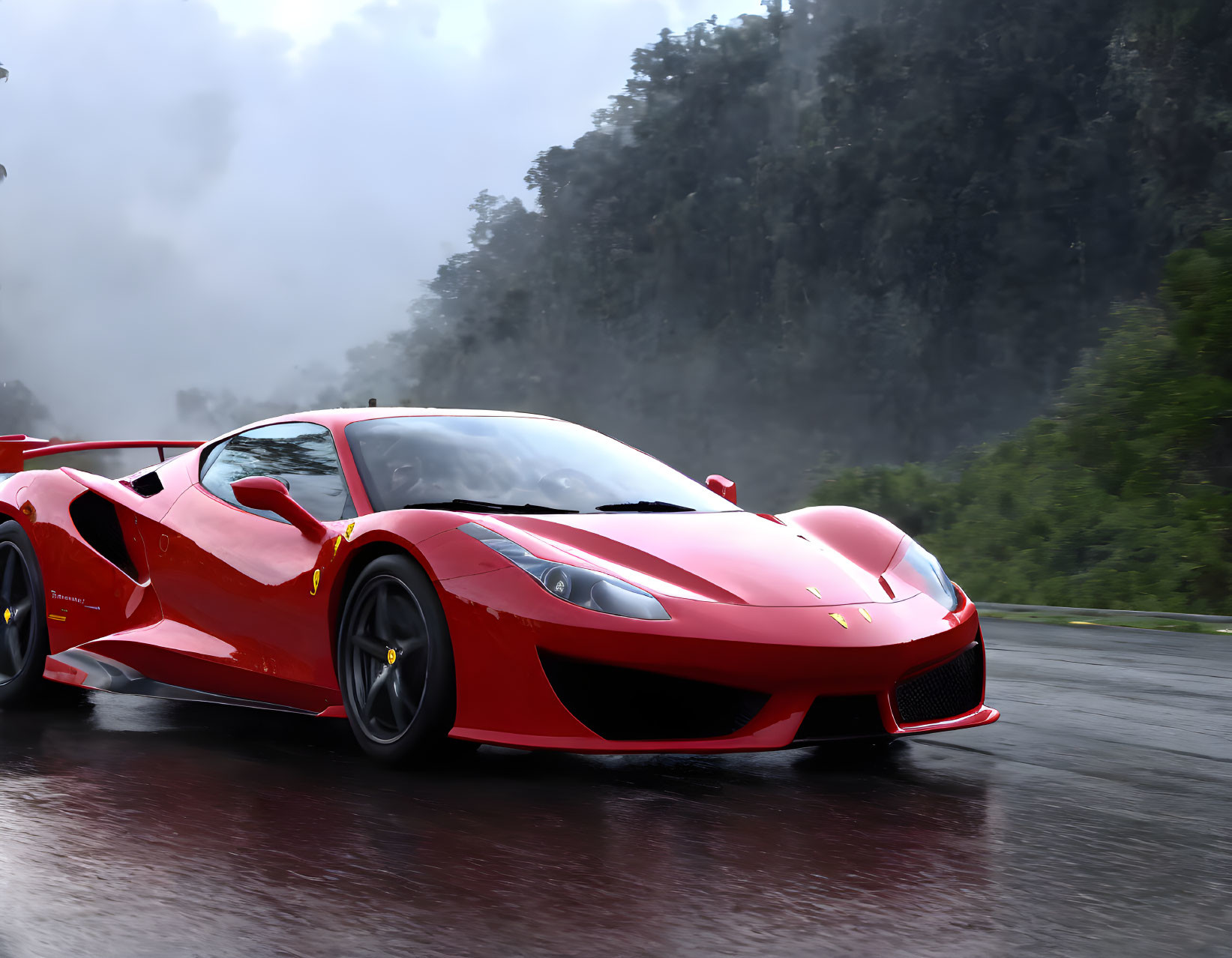 Speeding Red Sports Car on Wet Road with Misty Background