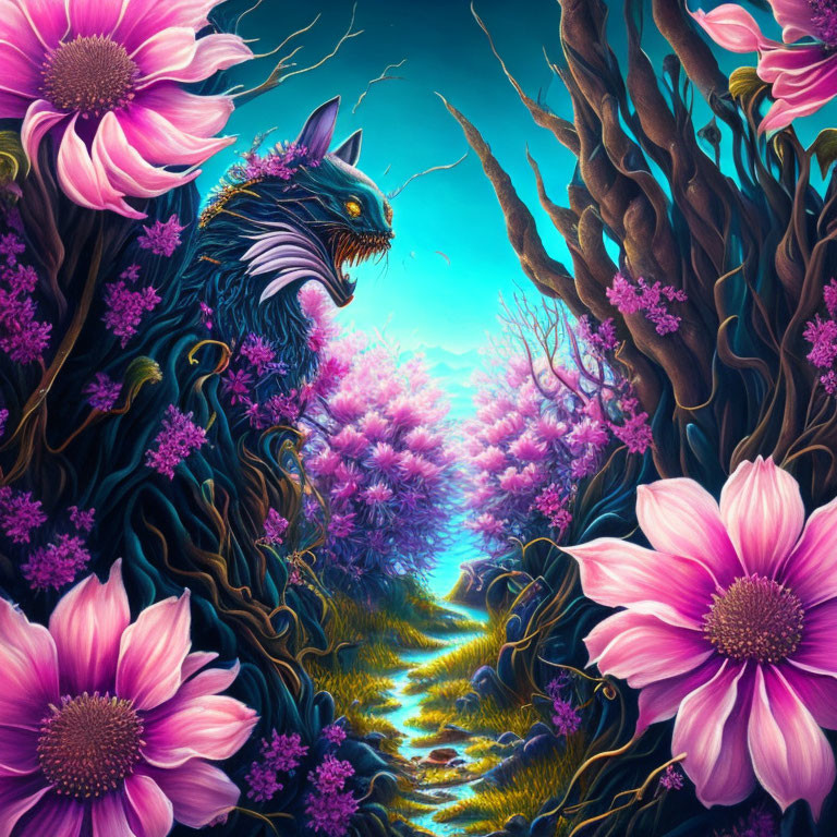 Cat-Headed Creature in Pink Flower Forest Scene