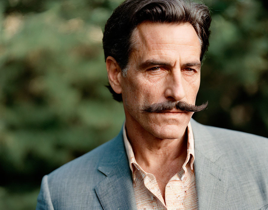 Prominent Mustached Man in Suit and Tie on Blurred Green Background