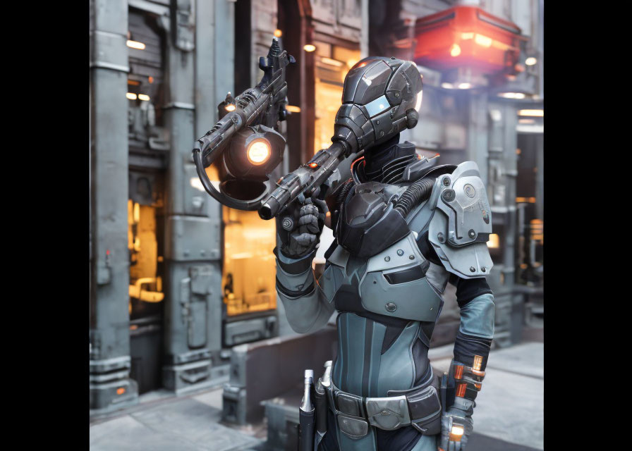 Futuristic soldier in robotic armor with advanced weapon in sci-fi setting