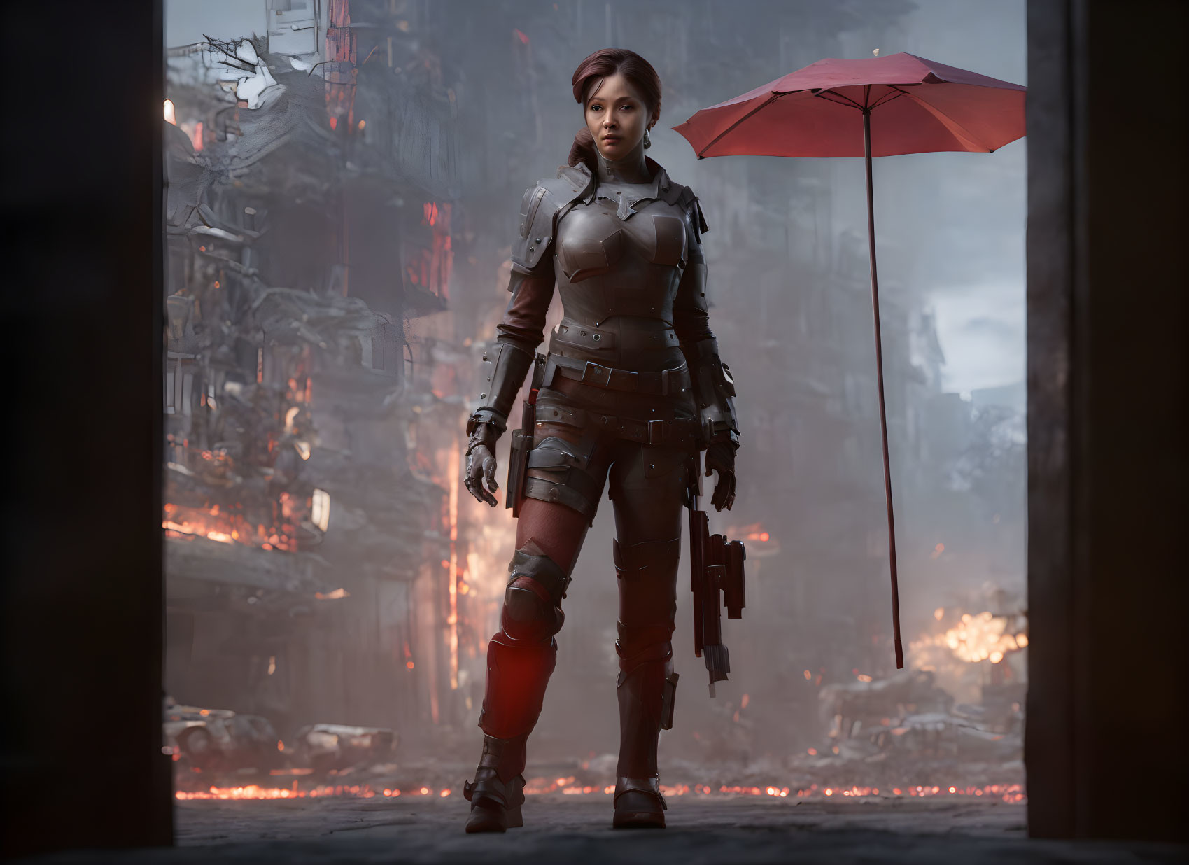 Futuristic armored woman with gun under red umbrella in dystopian setting