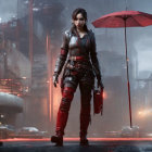 Futuristic armored woman with gun under red umbrella in dystopian setting