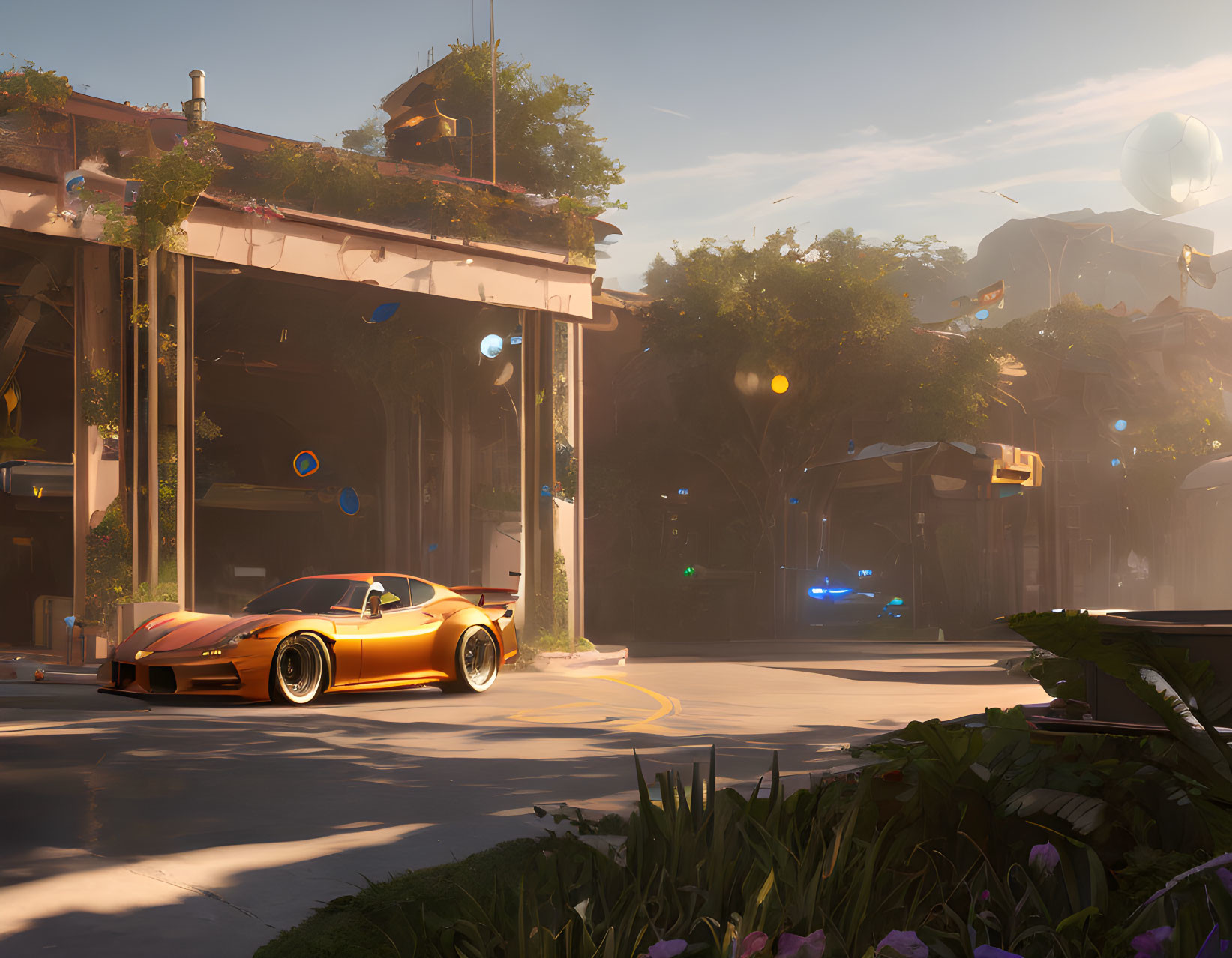 Futuristic cityscape at sunset with greenery, sports car, and floating orbs