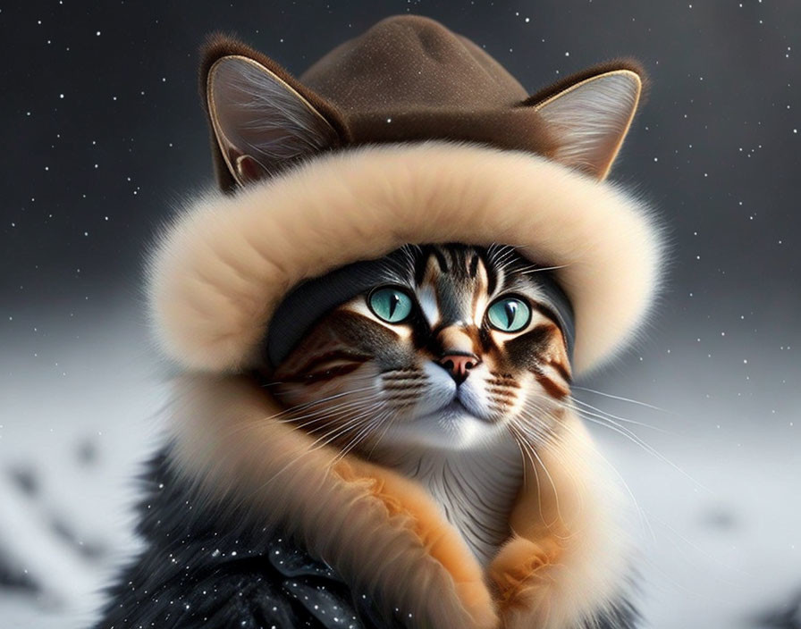 Green-eyed cat in brown hat and coat on snowy backdrop