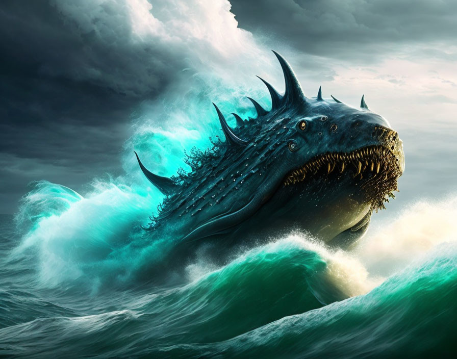 Gigantic sea creature with spikes in stormy ocean waves