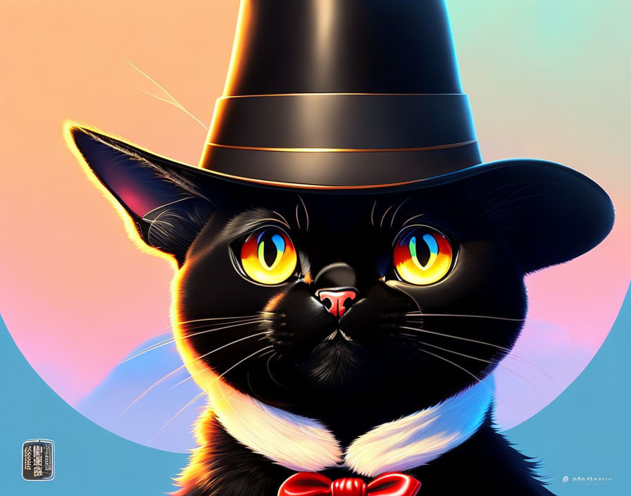 Stylized black cat with yellow eyes in top hat and bow tie on gradient background