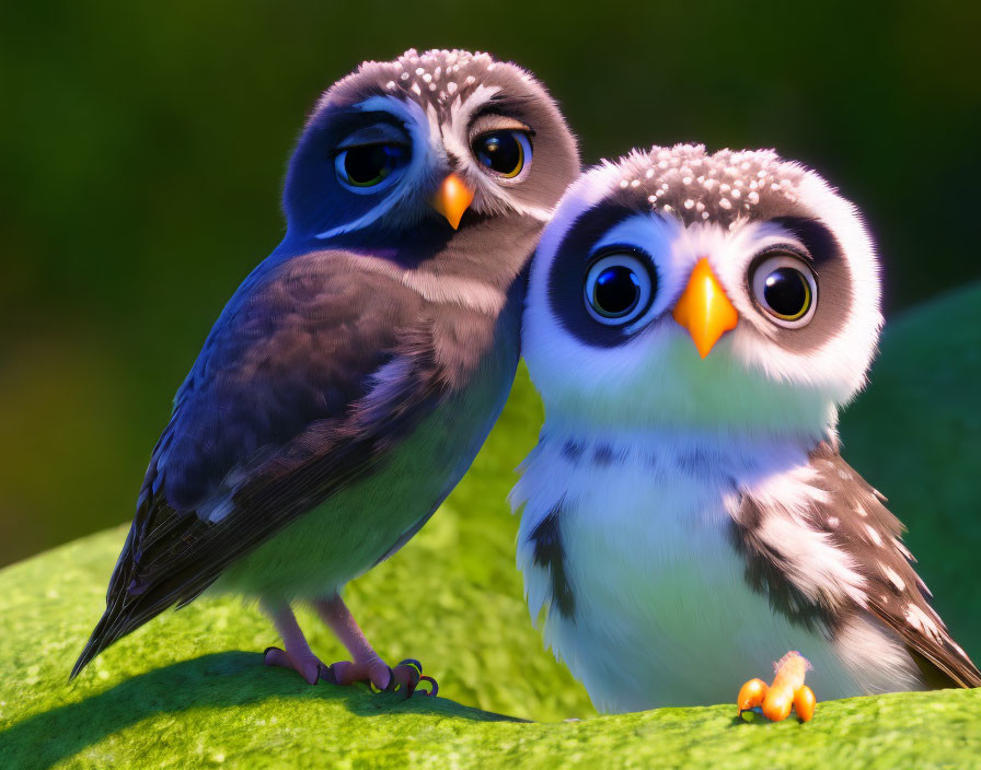 Two adorable animated owls on a green branch with large eyes.