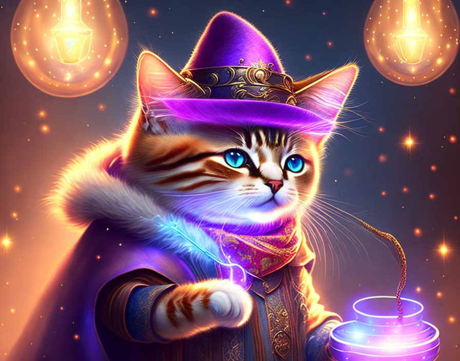 Whimsical digital art: Cat in purple cloak with lantern under starry sky