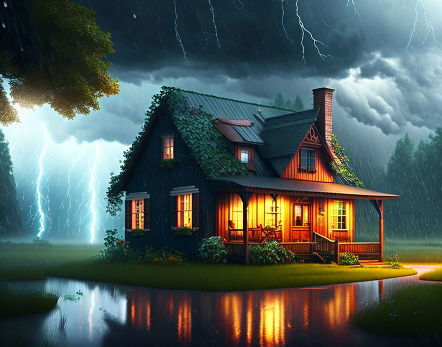 Cozy house with lit windows in stormy night scene