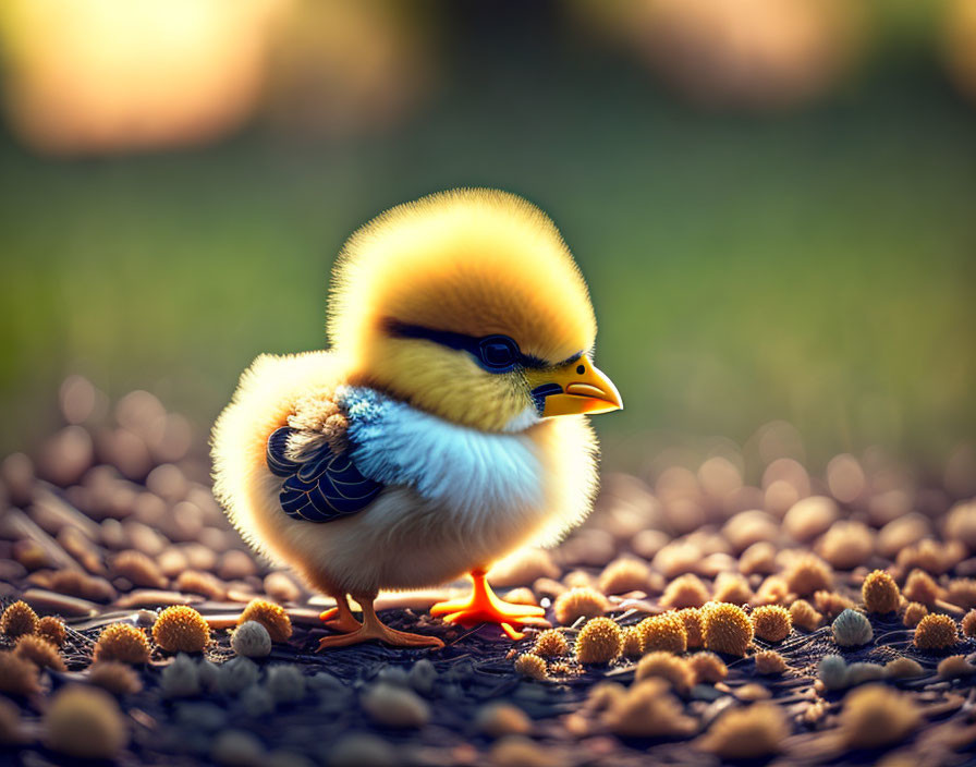 Blue feathered chick surrounded by seeds in warm light