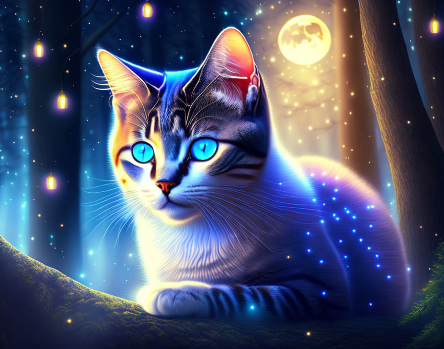 Blue-Eyed Cat Illustration in Moonlit Forest with Glowing Fur