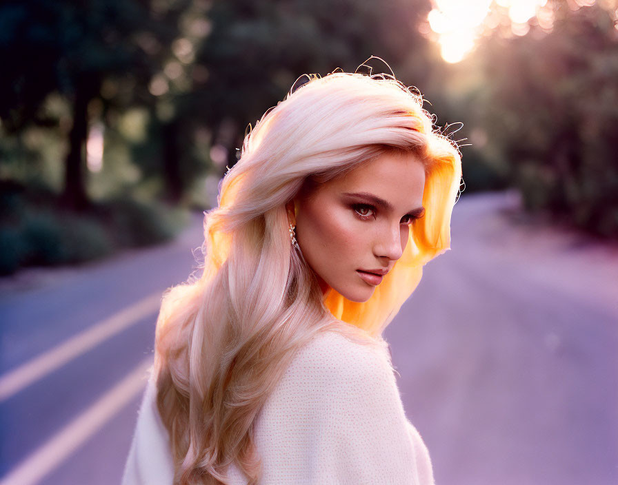 Blonde Woman Looking Back on Tree-Lined Road