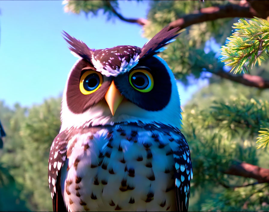 Colorful Computer-Generated Owl Image on Branch with Expressive Eyes