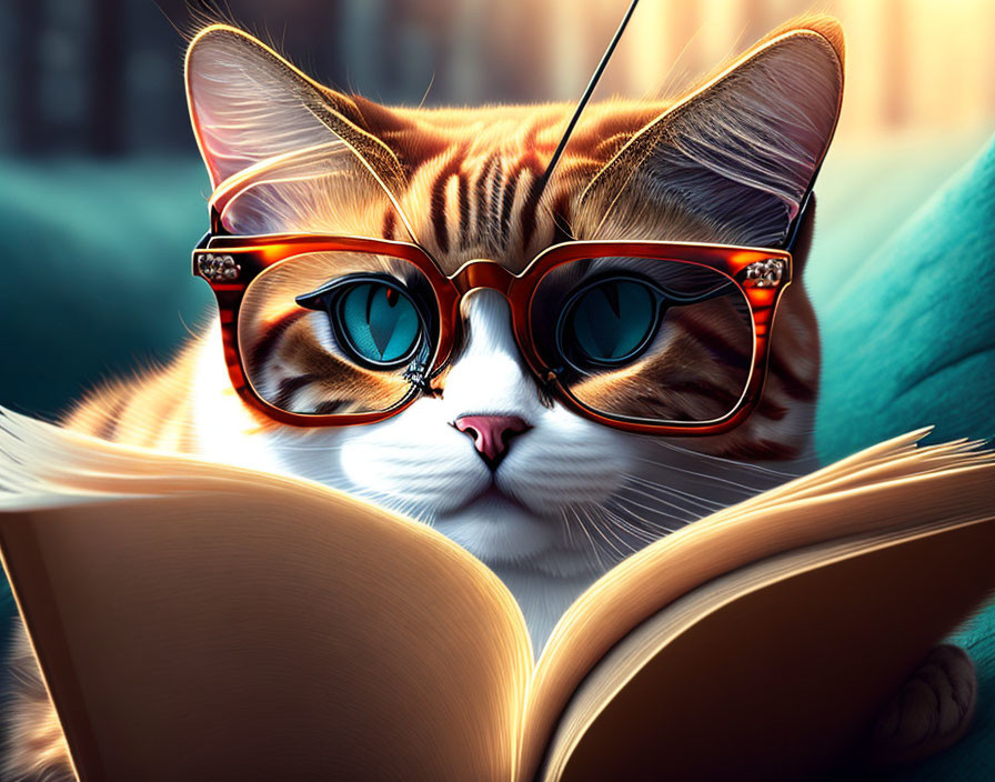 Blue-Eyed Cat Reading Book in Orange Glasses on Teal Sofa