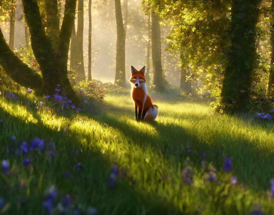 Fox in sun-dappled forest with purple flowers