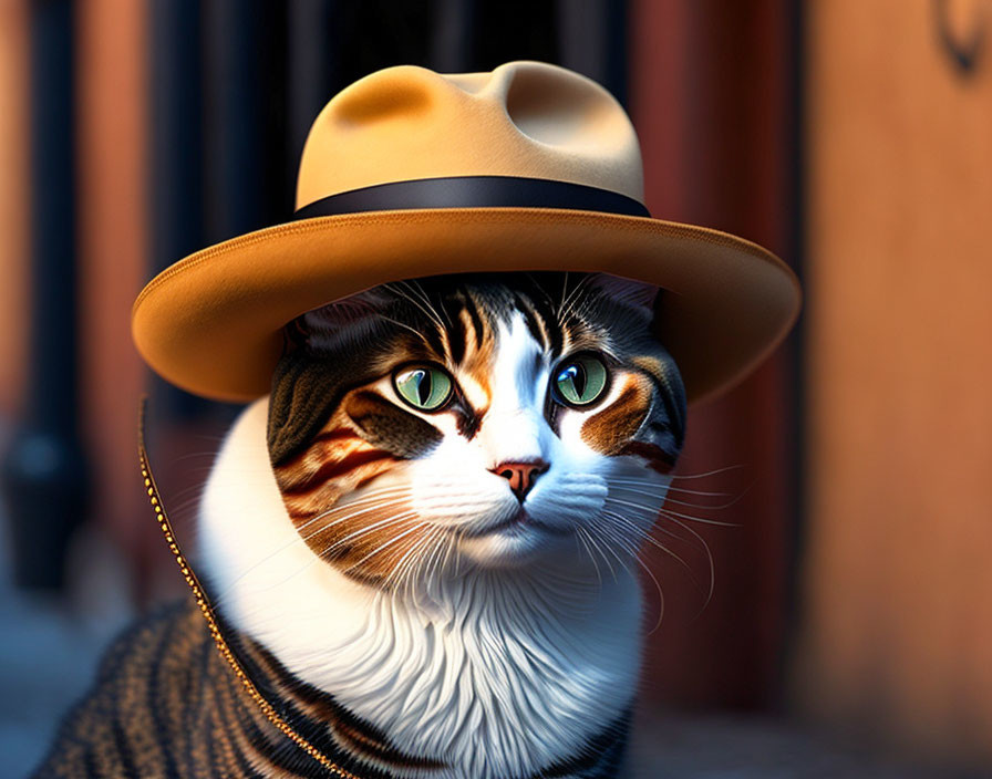 Green-eyed cat in striped coat with fedora hat