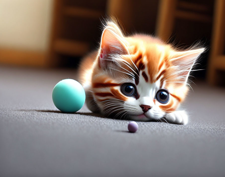 Orange and White Kitten with Large Eyes Next to Blue Ball and Purple Object