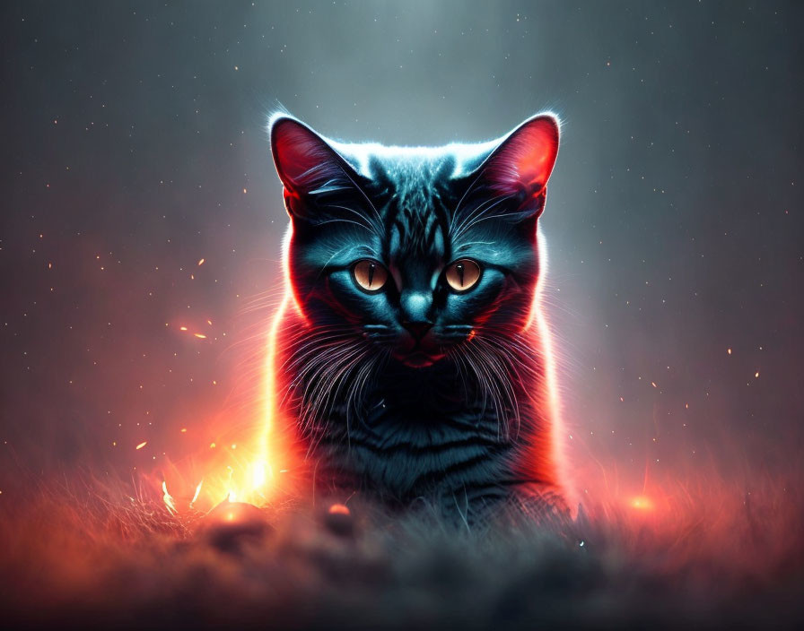 Mystical cat digital art: glowing eyes, luminescent whiskers, dark starry background