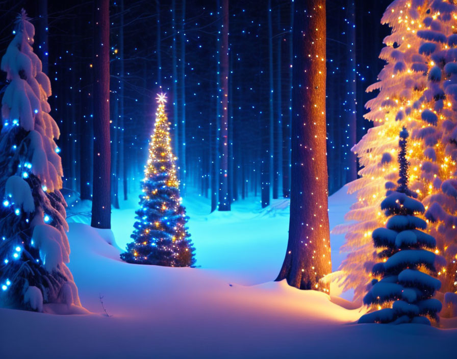 Snowy Forest Christmas Tree with Glowing Blue Lights