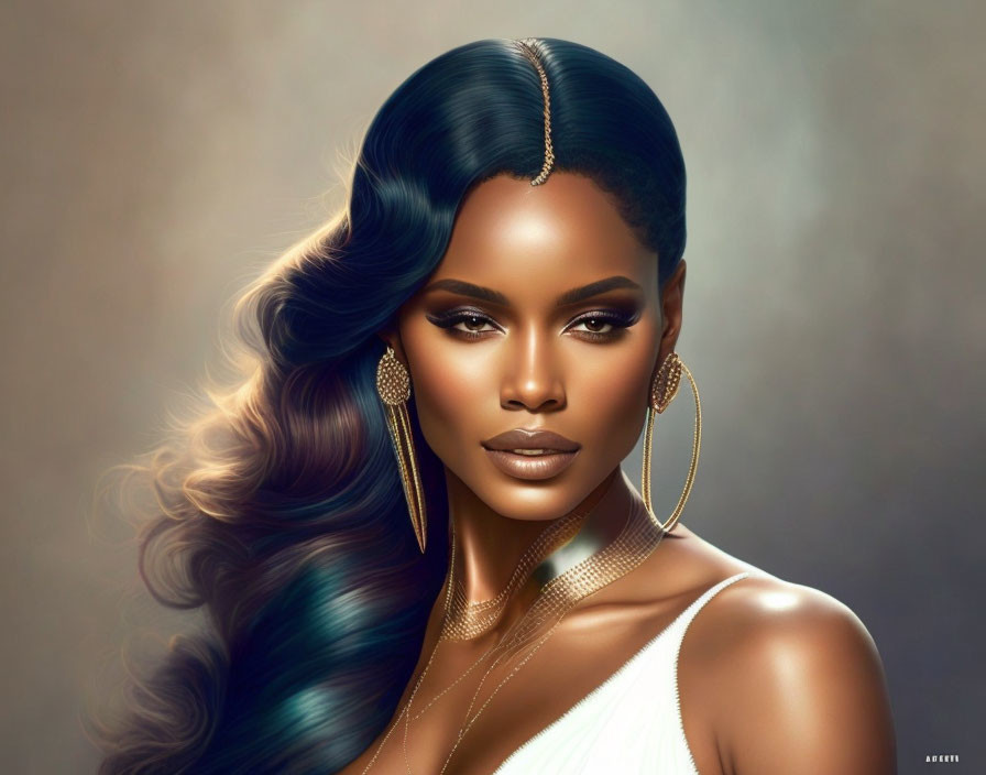 Illustration of woman with flowing hair and hoop earrings in confident pose