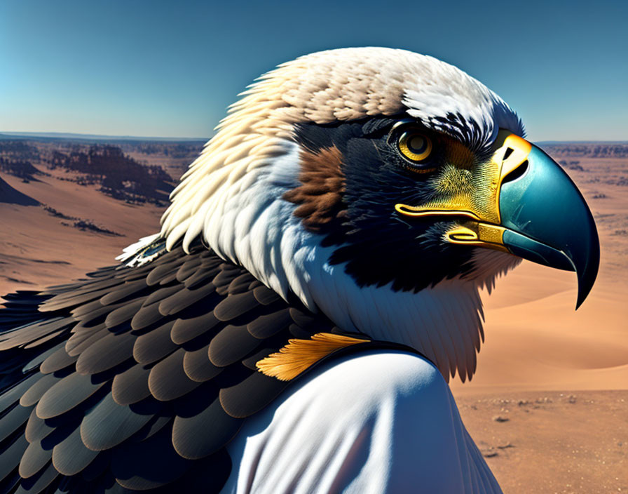 Eagle-headed human body in desert digital art.