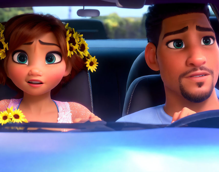 Animated characters in car: female with flower hair adornments and male driver with concerned expressions