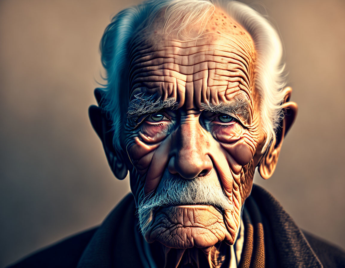 Elderly man with deep wrinkles and blue eyes gazes thoughtfully.